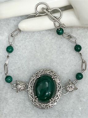 VALUE BUY African Malachite Silver Paperclip Leopard Head Toggle Clasp Bracelet